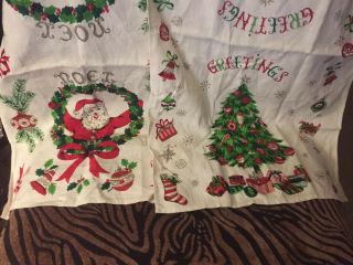 Pretty Vintage Christmas Linen Tea Towels Set Of 2 Noel Santa & Greetings Tree