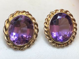 Estate Antique 14k Yellow Gold Amethyst Earrings Gemstone Purple