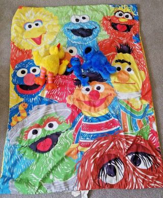 Sesame Street Baby Blanket Crib & Plushes Big Bird Grover Cookie Oscar Elmo Vtg