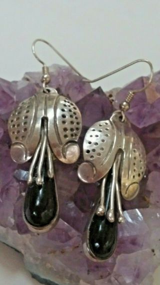 Vtg 15.  5 Gram Sterling Silver 1 3/8 " Onyx Drop Earrings Marked Tb 102 925 Mexico