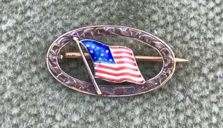 Small Antique 14k Gold Pin With Enamel United States Flag Dated 1917