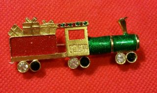 Rare Vintage Signed As Golden Rhinestone Enamel Christmas Choochoo Train Brooch