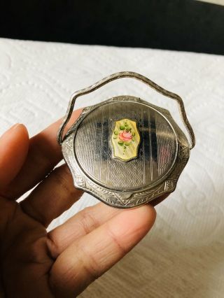 Vtg Ladies Powder & Rouge Compact With A Cloisonné Type Rose On The Top