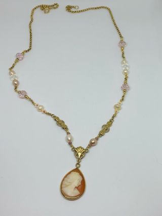Vintage Vandell Gold Filled Carved Shell Cameo And Pearl Beaded Necklace