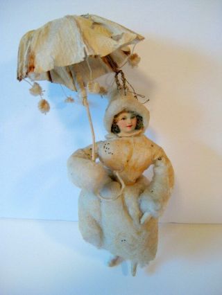 Rare Antique German Girl With Parasol Cotton Christmas Ornament