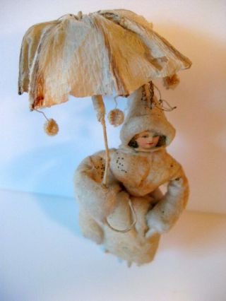 Rare Antique German Girl With Parasol Cotton Christmas Ornament 2