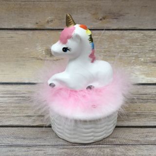 Vintage 1986 Unicorn Ceramic Trinket Box With Pink Feathers 4.  5 "
