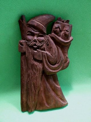 Vintage Rustic Folk Art Wood Carved Santa With Staff & Bag Of Presents.  12 " H