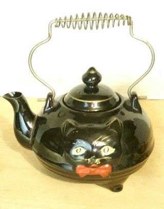 Vintage Mid - Century Redware Black Cat Teapot W/cat Face Wire Handle Wales