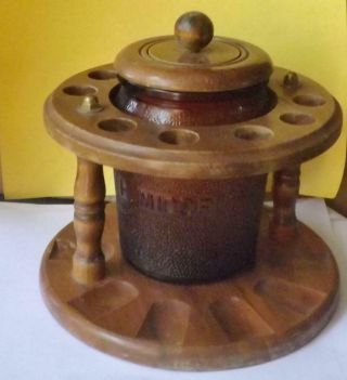 Vintage Dun Rite Wood 10 Pipe Stand With Brown Glass Humidor