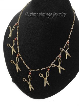 Vintage Intercast Signed Brass Scissor Shears Moveable Charm Glass Bead Necklace