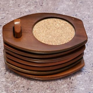 Vintage Wood Cork Coaster Set Stacking Hellerware Wooden Mid Century Modern 7 Pc