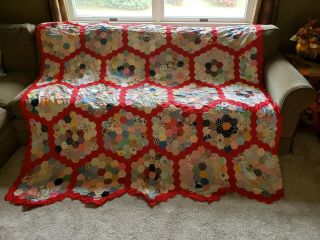 Vintage (antique?) Hand Sewn Patchwork Quilt Top In Hexagon Shapes - Multi W/red
