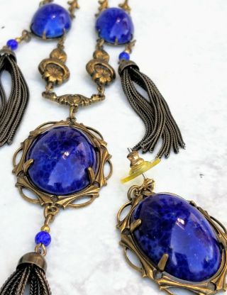 Vintage Signed Sadie Green Victorian Revival Blue Lapis Glass Necklace Earrings