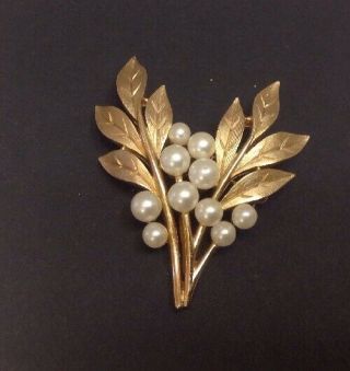 Vintage Signed Crown Trifari Gold Tone Pearl Branch Leaf Design Brooch