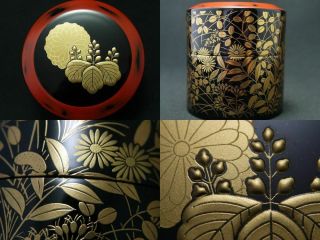 Japanese Lacquer Wooden Tea Caddy Gorgeous Autumn Flowers Makie Cha - Ki (1105)