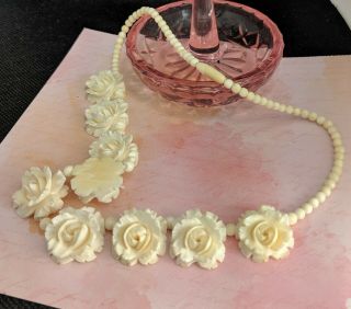 Vintage Flower Ivory Color Bovine Bone Bead Strand Carved Necklace Barrel Clasp