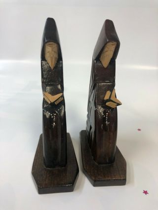 Vintage Carved Wooden Priest/monk Reading The Bible Book Handmade Bookends