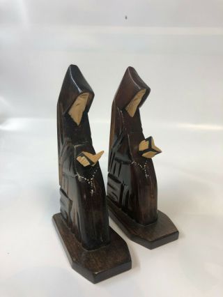 Vintage Carved Wooden Priest/Monk Reading The Bible Book handmade Bookends 2