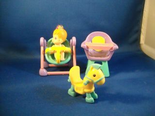 Vintage 1994 Kenner Blonde Baby Buddies 3 " Doll W/ Playset - High Chair,  Rocker,  Etc