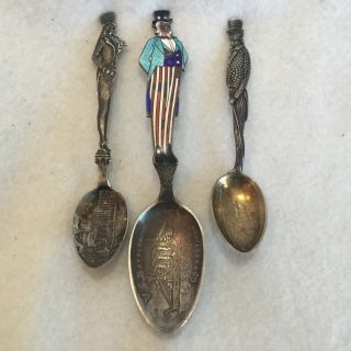 3 Antique Figural Uncle Sam Sterling Silver Souvenir Spoons