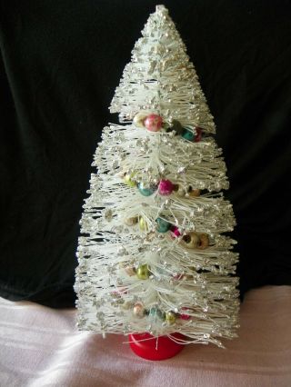 Vintage White Bottle Brush Tree With Glass Bead Garland - 10 1/2 " Tall