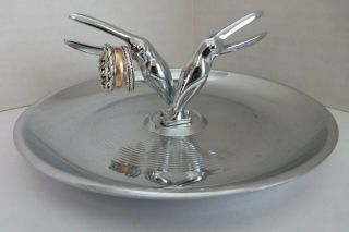 Vtg Art Deco Jewelry Trinket Dish Chrome With Raven Stork Birds / Usa