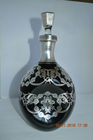 Vintage Cambridge Black Glass Pinch Decanter With Sterling Overlay