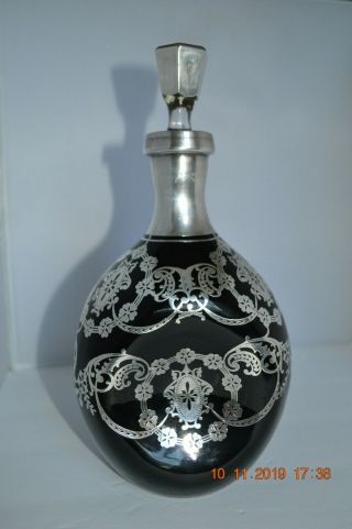 Vintage Cambridge Black Glass Pinch Decanter with Sterling Overlay 2