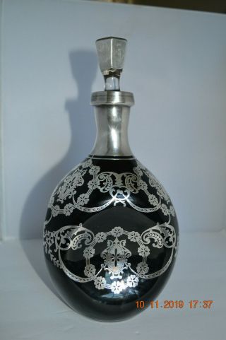 Vintage Cambridge Black Glass Pinch Decanter with Sterling Overlay 3