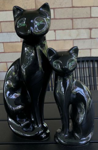 Vintage Pair (2) Black Cat Kitten Ceramic Taiwan Statue Figurines Green Eyes