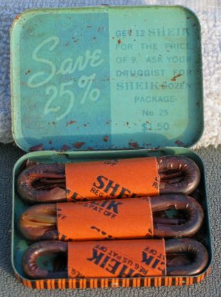 Vintage Sheik Condom Tin 1931 Rubbers Prophylactics Full of 3 Condoms 2