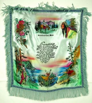 Vintage Souvenir Satin Pillow Cover Pillowcase Maine Moosehead Lake Blue Fringe