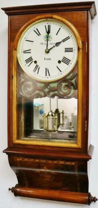 Antique American 8 Day Bell Striking Mahogany Inlaid & Mirror Back Wall Clock