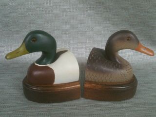Vintage Hand Carved Painted Mallard Duck Decoy Wood Bookends