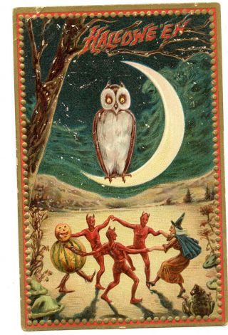 Halloween Postcard Vintage 1910 Tuck 160 Dancing Devils Witch Frog Owl