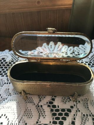 Vintage Oblong Casket Trinket Jewelry Box With Beveled Glass Hinged Lid