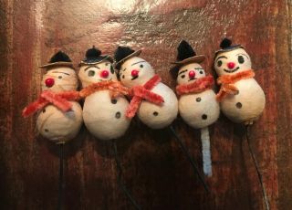 Vintage Cotton Spun Chenille Pipe Cleaner Miniature Snowmen Christmas Ornaments