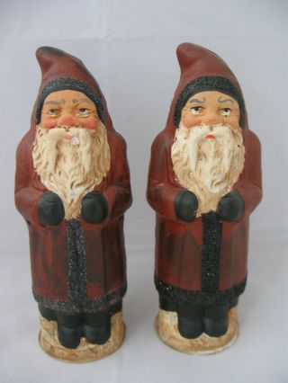 Pair Old Vintage Paper Mache Santa Claus Figures,  Victorian Christmas,  Germany