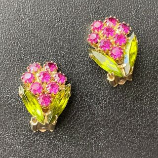 D&e Juliana Vintage Fuchsia Peridot Navette Rhinestone Flower Clip Earrings 348