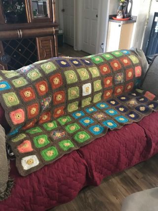 Hand Crocheted Afghan Granny Square Fall Throw Blanket Size 58”x56”