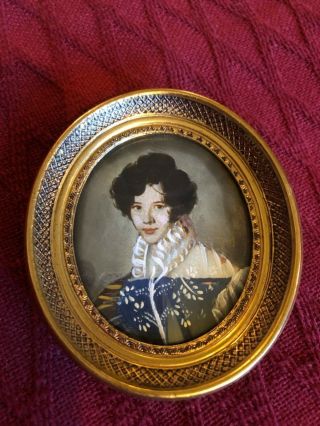 Antique Miniature Portrait Painting On Copper Of Young Girl 18th Century Signed