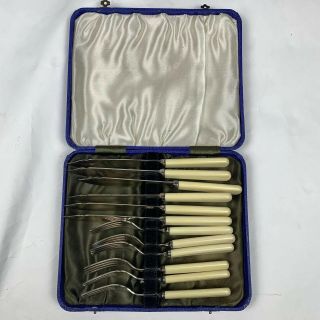 12 Piece Fish Knife Fork Set Vintage J.  E&s Sep Plated Silver Boxed Handle