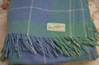 Vintage Real Welsh 100 Pure Wool Hand Made Blanket Throw Blue Green Plaid Perf