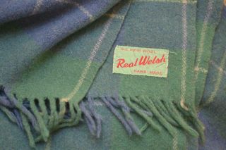 Vintage Real Welsh 100 Pure Wool Hand Made Blanket Throw Blue Green Plaid Perf 2