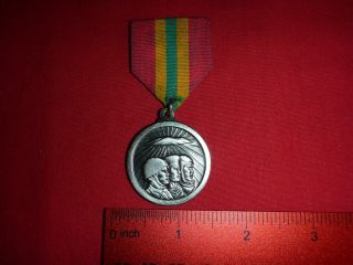 Vintage Unknown Round Medal W Ribbon Asian Military Award Three Soldiers Writing