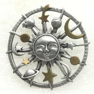 Signed Jj Vintage Celestial Brooch Pin Sun Stars Planets Pewter Costume Jewelry