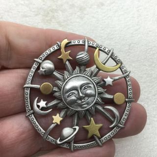 Signed JJ Vintage CELESTIAL BROOCH Pin Sun Stars Planets Pewter Costume Jewelry 2