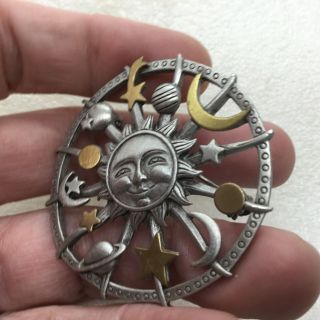 Signed JJ Vintage CELESTIAL BROOCH Pin Sun Stars Planets Pewter Costume Jewelry 3