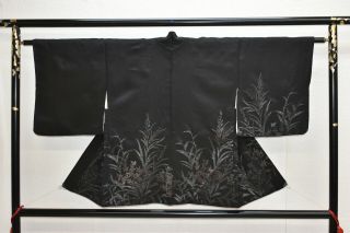 Vintage Silk Kimono Jacket:classic Black/silver Autumn Grass@yu55